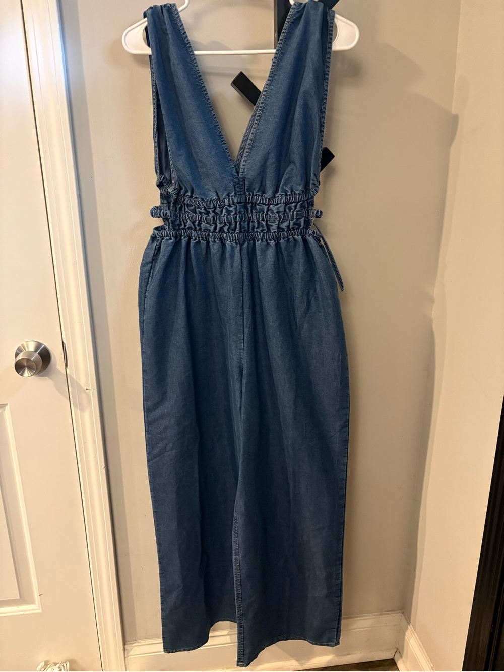 Blush Blue Denim V-Neck Shirred-Waist Maxi Dress